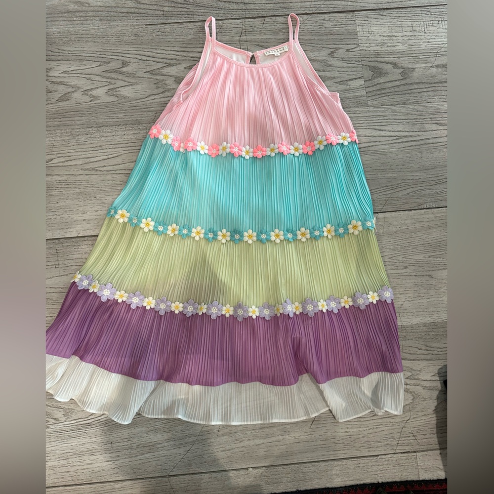 Hannah Banana Pink, Aqua, Lime, Purple & White Tiered Daisy-Trim Dress